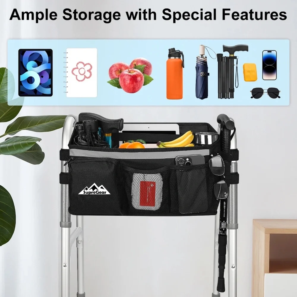 Walker Basket Universal Foldable Walker Bag with Tray and Cup Holder w/Storage